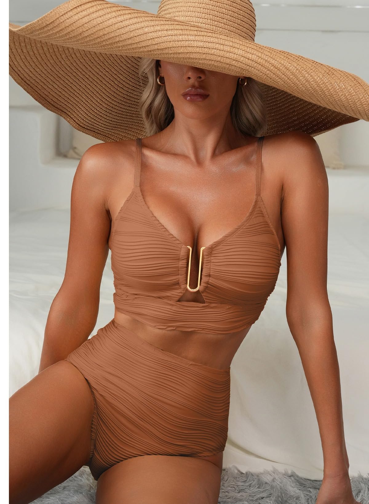 Herseas Women Popular Swimsuits 2 Piece U-Wired Push up Ribbed Ruched High Rise Bikini Sets Longline Modest Solid Swim Suit Wire Free Bathing Suit Cruise Essentials Caramel Large