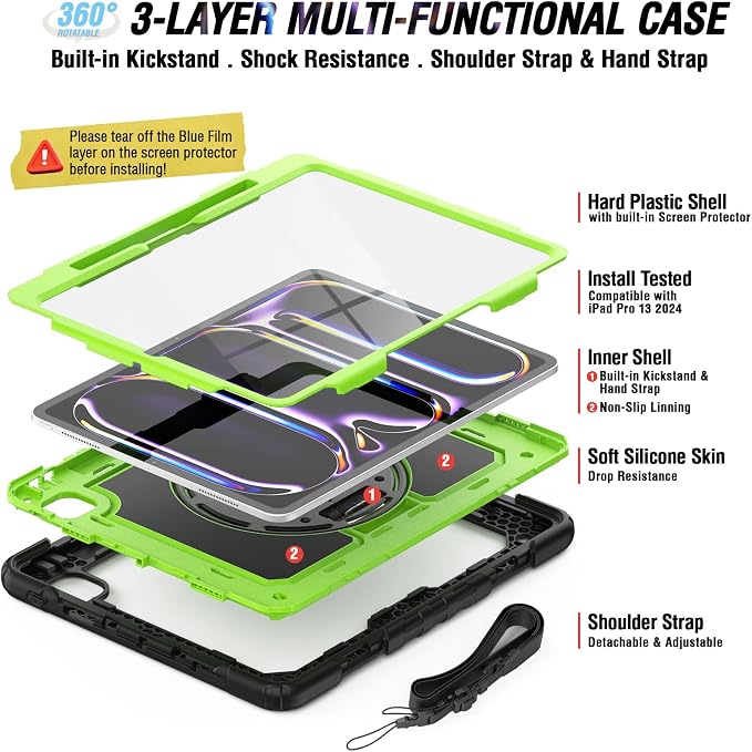 iPad Pro 11 Inch Case 2024 with Screen Protector Pen Holder | iPad Pro 11 5th Generation Case | Three Layer Shockproof Defender Protective Cover W/Stand Hand Strap for iPad A2836/A2837 | Black