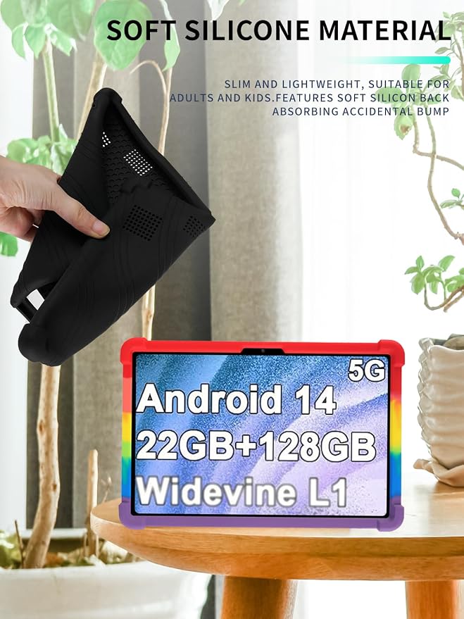 Case for Dghrti TAB30 2025 Android 14 Tablet 10.1 Inch，WUNIAK Shock Proof Lightweight Stand Rubber Shell Protective CoverKids Friendly Soft Silicone Adjustable Stand CoverBlack