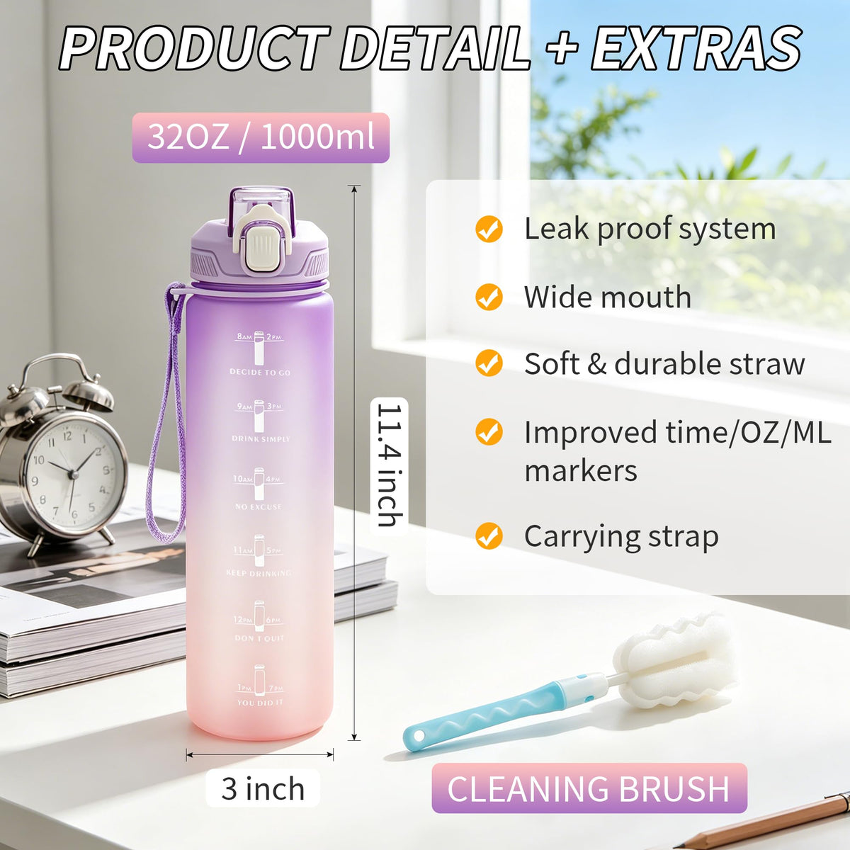 YC Kitchen 32oz Motivational Water Bottle with Straw & Carrying Strap