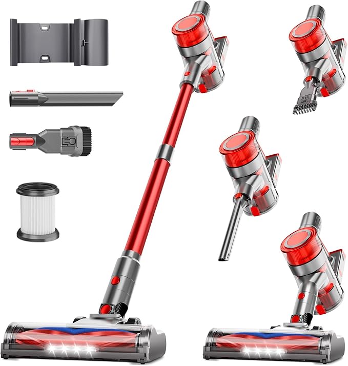 Cordless Vacuum Cleaner, 35Kpa Vacuum Cleaner for Home, 45Mins Stick Vacuum with LED Display, Anti-Tangle & Wall Mount Charging, 6 in 1 Lightweight Vacuum for Hard Floors, Carpet, Pet Hair (red)
