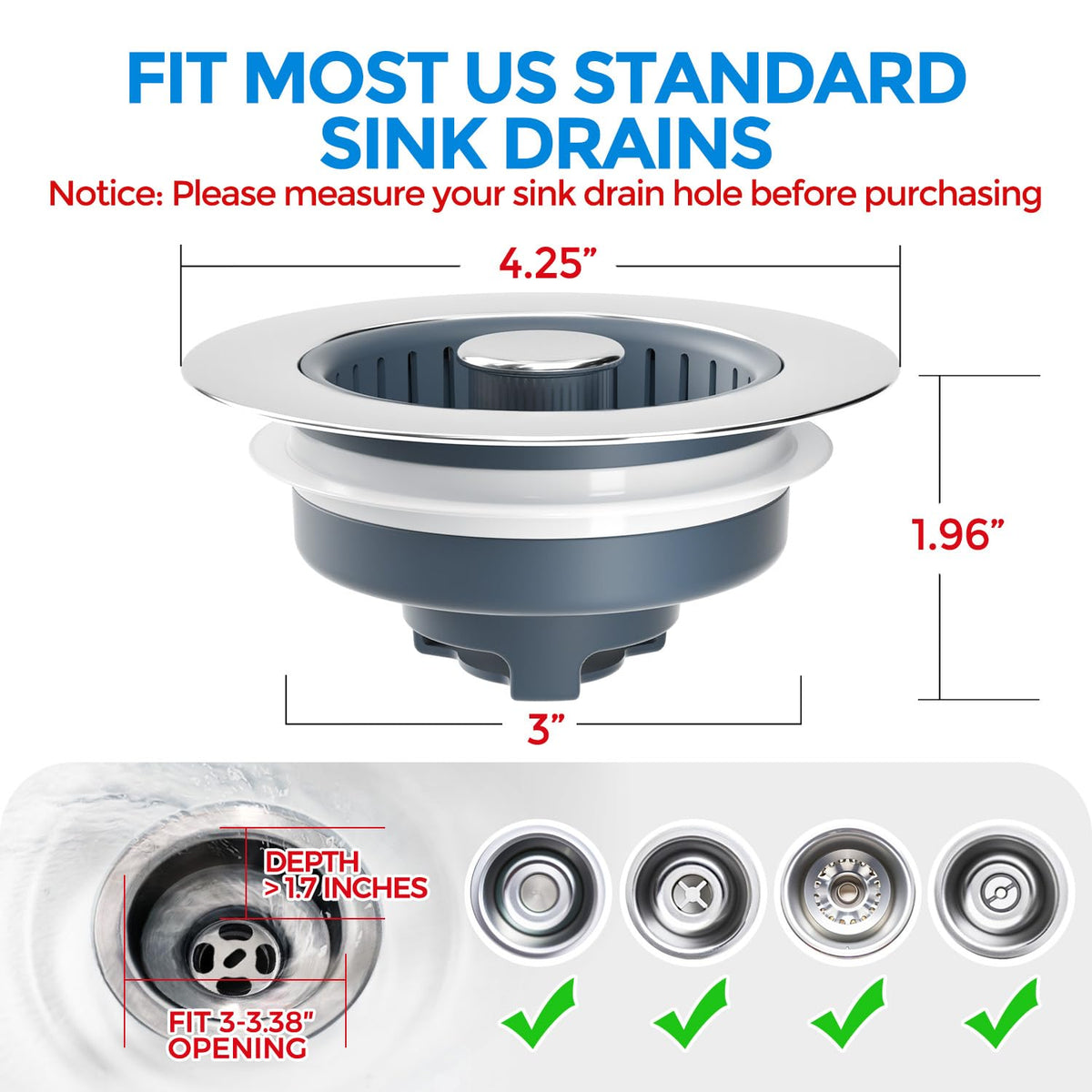 zaa 2 Pack Sink Drain Strainer, Sink Stopper, 3 in 1 Stainless Steel Kitchen Sink Drain Strainer with Anti-Clogging Basket, Fit US Standard 3-1/2 Inch Drain Hole