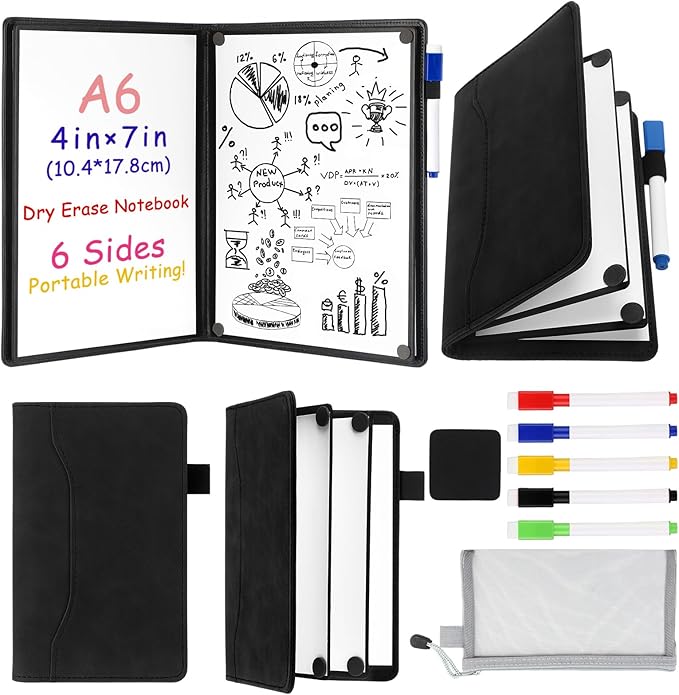 6 Sides Dry Erase Notebook Portable Whiteboards Notepad 5"x7"(a6) Small Reusable Board Foldable Anti-ghosting Surface, Travel Dry Erase White Board for Office Study Meeting Planning