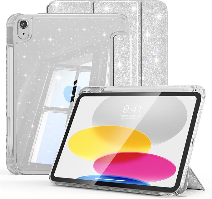 Case for iPad A16 11th/10th Generation 2025/2022 Purple | Glitter Shockproof 10th gen ipad case with Pencil Holder Trifold Stand Auto Wake/Sleep Sparkly ipad a16 case clear