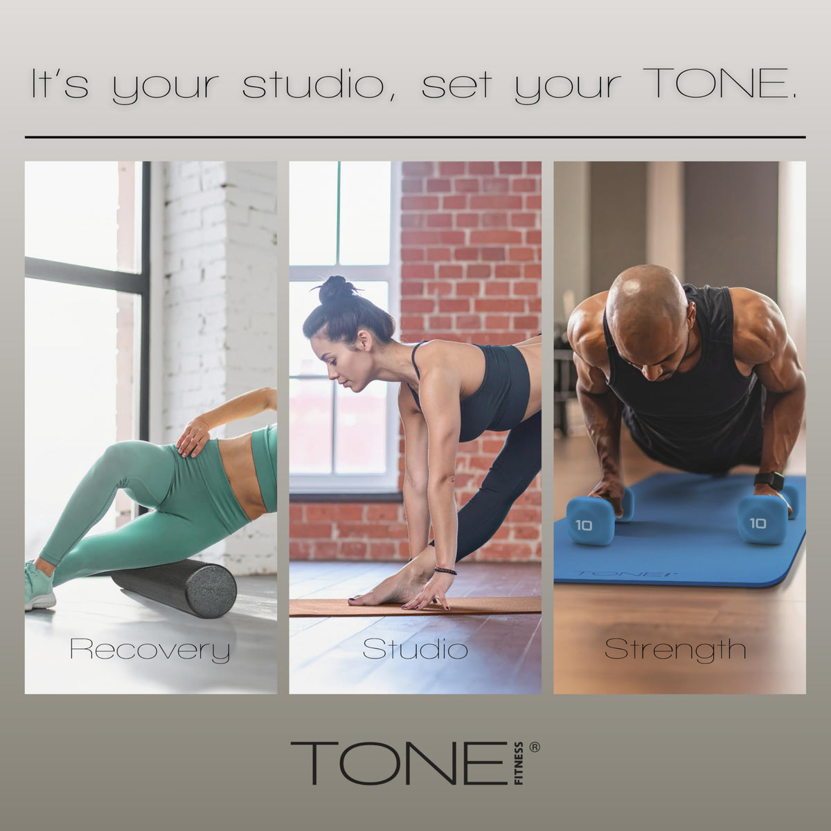 TONE Fitness Hanging Yoga Mat, Pilates Mat, Exercise Mat for Home Workouts with Carry Strap | V Pattern | Mocha