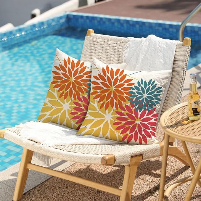 DFXSZ Outdoor Pillow Covers 16x16 Inch Set of 2 Orange Yellow Red Flower Decorative Waterproof Fall Summer Outdoor Pillow Covers for Patio Funiture Garden Couch 168G16