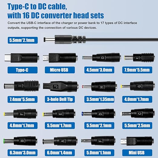 100W USB C to DC Charger Barrel PD Trigger Cable with 8 DC Conversion Heads and LED Display Screen DC 5V/9V/12V/15V/20V to DC Adapter Cable for Netbook Tablets Led Light Routers (3.9ft)