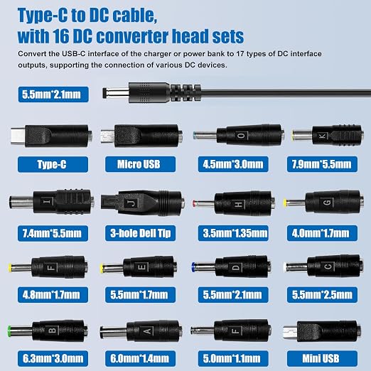 100W USB C to DC Charger Barrel PD Trigger Cable with 8 DC Conversion Heads and LED Display Screen DC 5V/9V/12V/15V/20V to DC Adapter Cable for Netbook Tablets Led Light Routers (3.9ft)