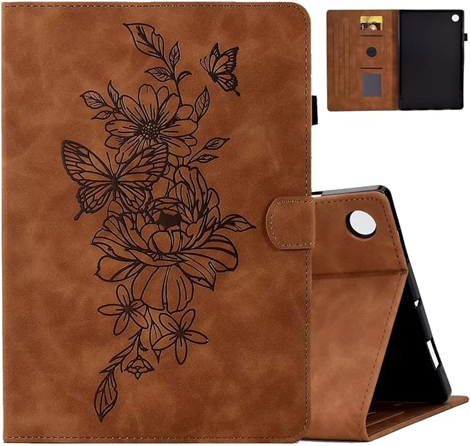 Case for Samsung Galaxy Tab A9 8.7 Inch 2023 (SM-X110/X115/X117) Suede Embossed Flower Flip Stand Protective Shell with Pen Holder &amp Card Slot No Smart Auto Wake/Sleep Function Brown