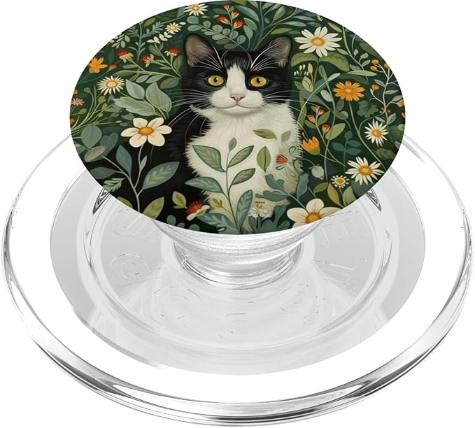 Tuxedo Cat Flowers Floral Botanical PopSockets PopGrip for MagSafe