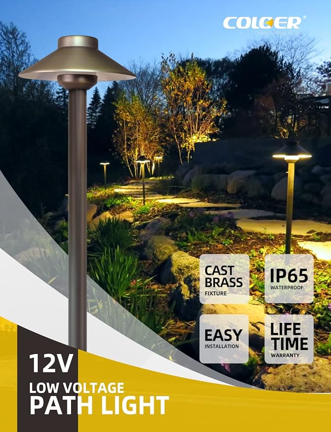 COLOER Brass Low Voltage Pathway Lights Wired 4-Pack with 2W LED G4 Bulb,12V Waterproof China Hat Outdoor Path Lighting for Yard, Patio, Landscape, Planter, Walkway(602B)