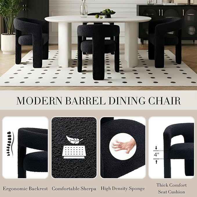 Black Dining Chairs Set of 4, Upholstered Sherpa Barrel Chairs with Arms Comfy Accent Side Chairs for Living Room/Dining Room/Reception, Black