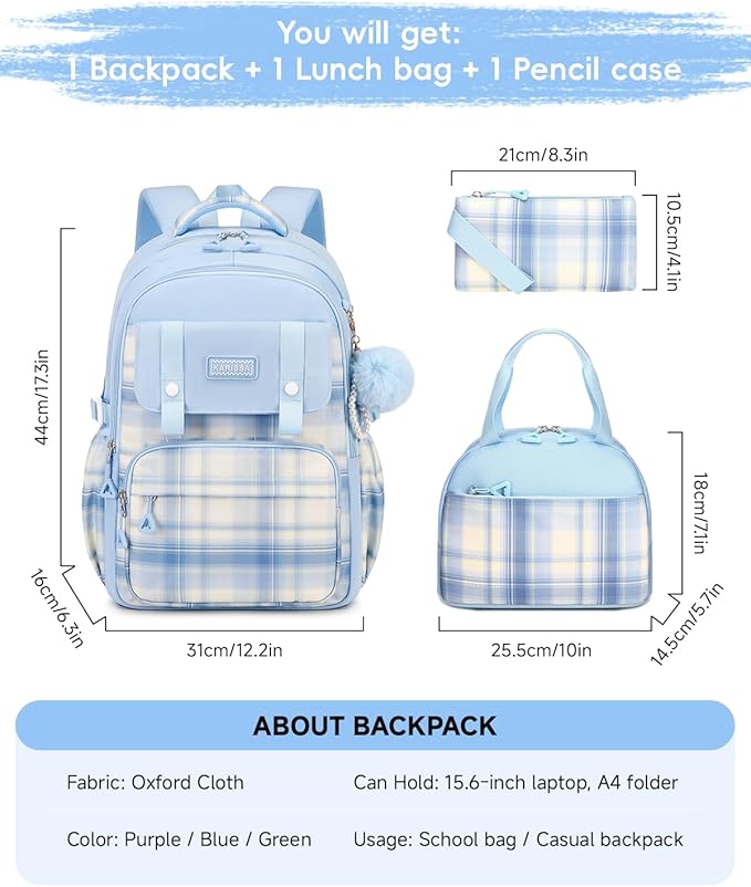 Girls Backpack with Lunch Box 3Pcs, Waterproof School Bag Set for Teen Elementary Middle School, Multi-Pocket Laptop Bookbag Lightweight, Blue
