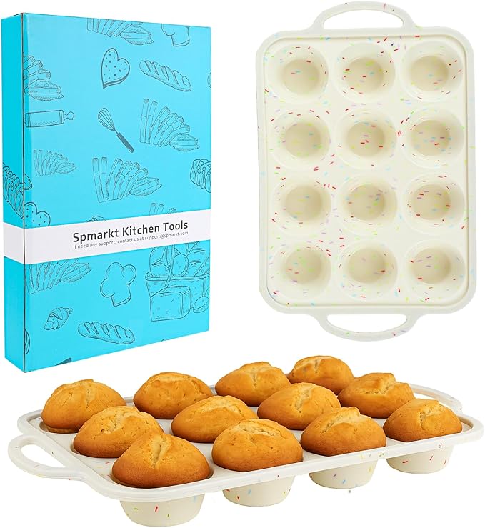 Spmarkt 2-Pack 12-Cup Silicone Cupcake Pan, Nonstick Flexible Muffin Pan, Dishwasher Safe Muffin Tray with Handles, Seamless Silicone Muffin Tin for Baking Egg Bites & Cupcakes