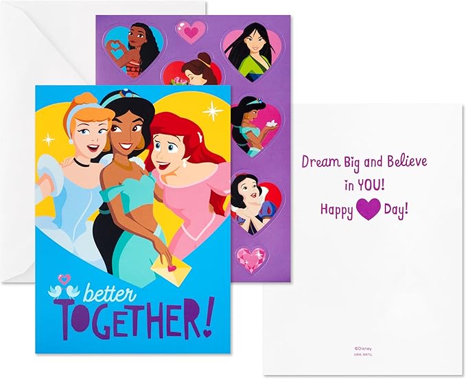 Hallmark Disney Princess Valentines Day Cards and Stickers for Kids School (24 Classroom Valentines with Envelopes)