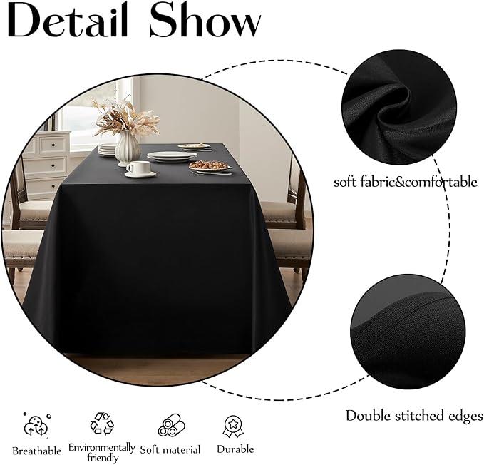 Rectangular Tablecloth 90x156 Inch - Black Table Cloths for 8ft Stain Resistant Decorative Washable Polyester Rectangle Tablecloths for 8 Foot Dining Table Banquets Buffet Parties and Wedding