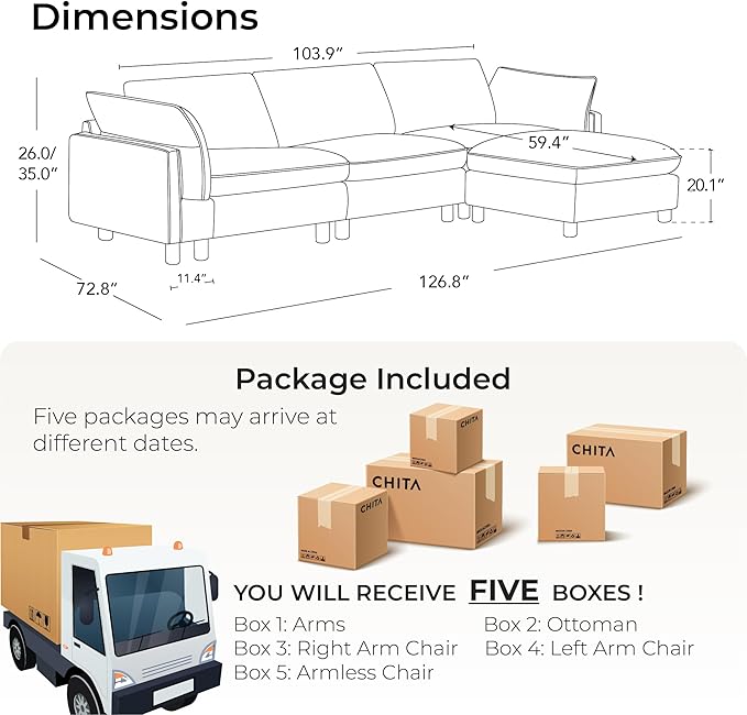 CHITA 127" Super Large Sectional Couches for Living Room, Modular Cloud Couch Sectional Sofa, Premium Fabric Couches, Down Filled, High Density Foam, Chenille in Cream, 4 Seat L Shaped