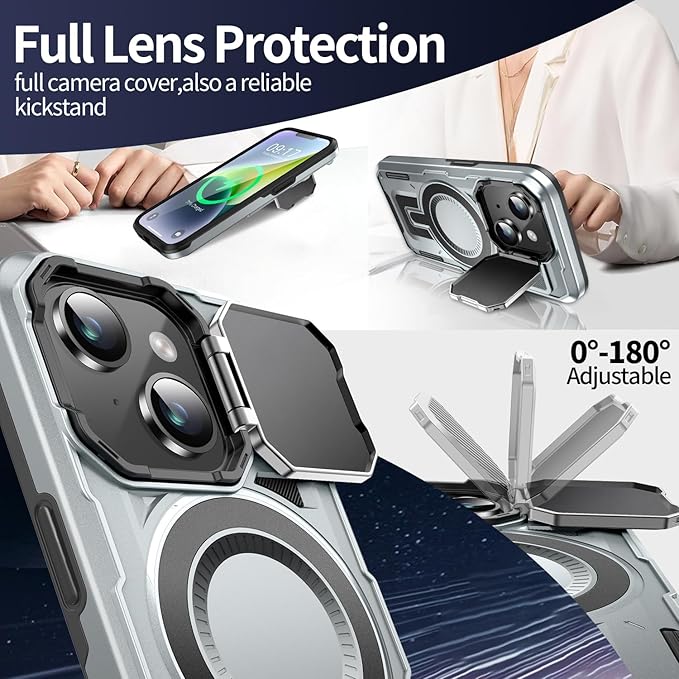 Camera Stand Case for iPhone 13/14, [Compatible with MagSafe] [Lens Cover] 2024 Version Military Grade Protective Soft Case for iPhone 13/14 6.1 inch Men Women, Grey