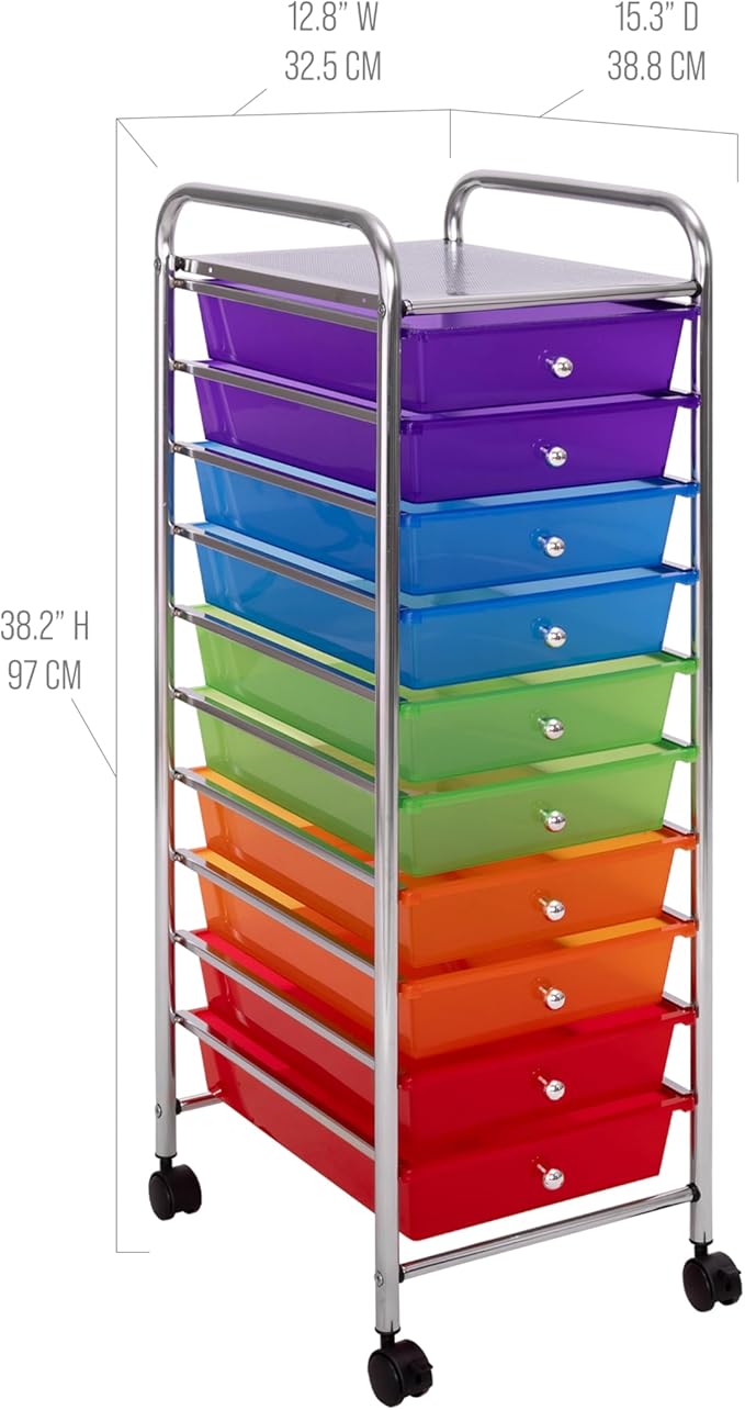 Seville Classics Rolling Utility Organizer Storage Cart, for Home Office, School, Classroom, Scrapbook, Hobby, Craft, 10 Drawer, Multicolor (Pearlized)