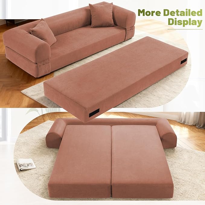 Convertible Folding Sofa Bed,80" Pull Out Couch with Pillows & Storage Pocket,Modular Futon Bed Corduroy Queen Sleeper Sofa in a Box,Compression Boneless Couch for Living Room,Pink