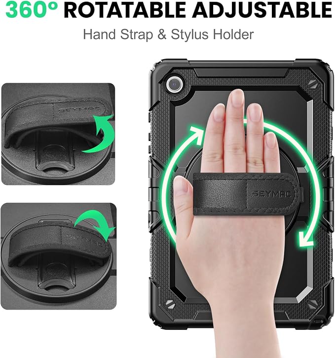 SEYMAC Case for Samsung Galaxy Tab A9+ Plus/A11+ Plus 11 Inch Full-body Shockproof Protective Case with Rotating Stand Screen Protector Hand/Shoulder Strap and Pen Holder Black | Heavy Duty Shockp