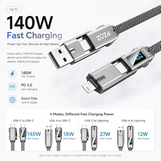 pzoz 4-in-1 Multi Charging Cable with LED Display One Cable for USB-C &amp Lightning Devices 60W Fast Charging Cord USB A/C to USB C/Lightning for iPhone 17/16/15 iPad MacBook Samsung(5 ft)