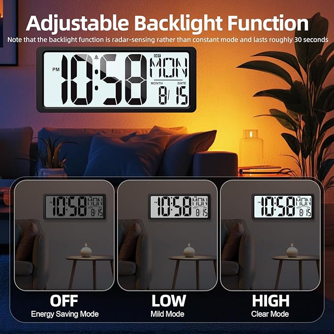 XREXS Large Digital Wall Clock Battery Operated with Backlight, 15" LED Large Display Timer with Temperature Date Week Auto DST Adjustable Brightness, Alarm Clock for Classroom, Livingroom, Office