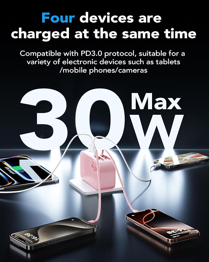 4-in-1 Retractable USB C Wall Charger40W Fast Charging for Multi-Device | Retractable ChargerFoldable PlugExtra USBC &amp A PortsDual 35.5in CablesMultiple Devices Charger for iPhone/Galaxy/Pixe