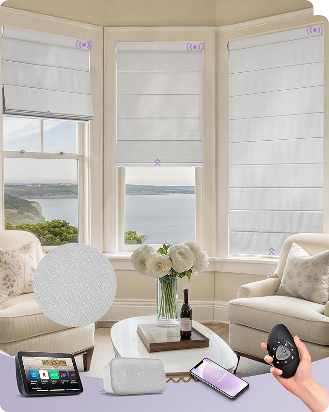 Graywind Smart Roman Shades 60% Blackout Compatible with Alexa Google Rechargeable Motorized Blinds Remote Plain Fold, Custom Size (Light Filtering Matelasse Grey)