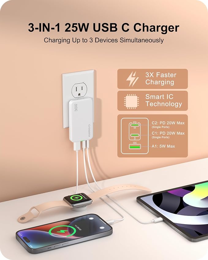 Flat USB Wall Charger 3 Ports Ultra-Slim Fast Wall Charger for Pixelbook iPad Pro iPhone 17/16/15/14 Black