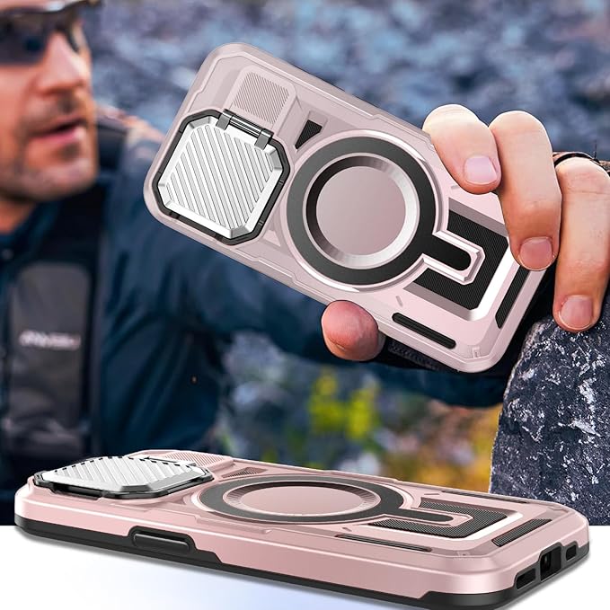 Camera Stand Case for iPhone 13/14, [Compatible with Mag Safe] [Lens Cover] 2024 Version Military Grade Protective Soft Case for iPhone 13/14 6.1 inch Men Women, Pink
