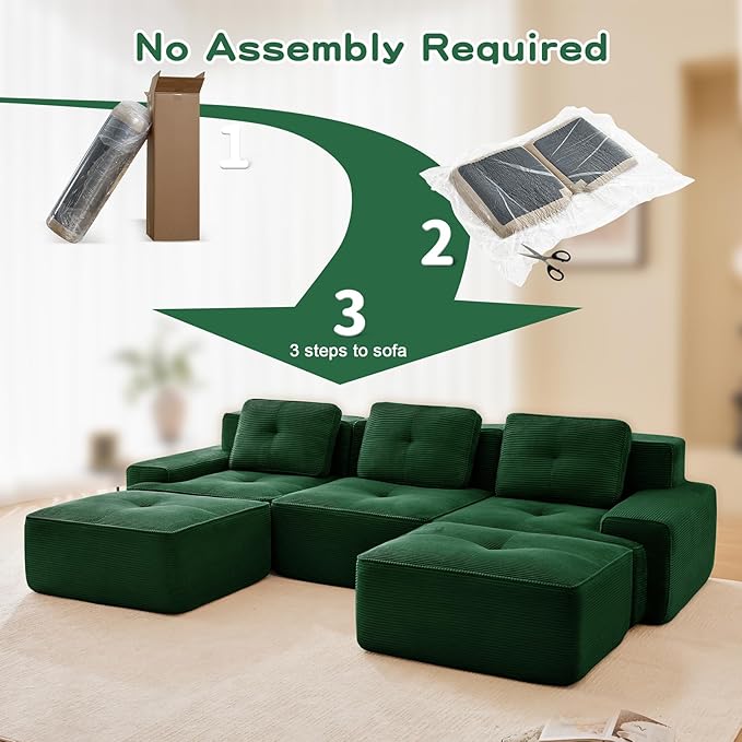 115" Modern Corduroy Cloud Sofa with Ottoman, U Shaped Boneless Modular Large Sectional Couches for Living Room, Green 3 Seater Compressed Memory Foam Couch, Extra Deep Seat, No Assembly