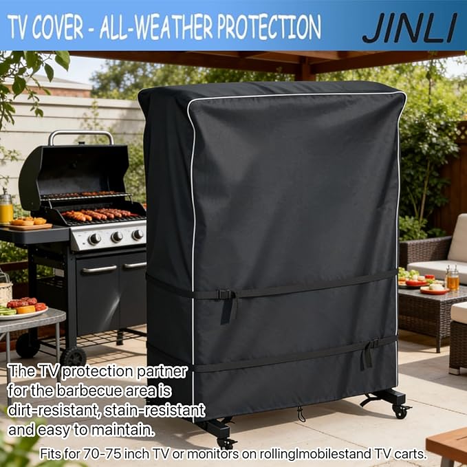 JINLI 70-75 inch outdoor TV trolley cover, courtyard TV cover, Oxford fabric waterproof and dustproof, triple windproof design, compatible with rolling/mobile stand
