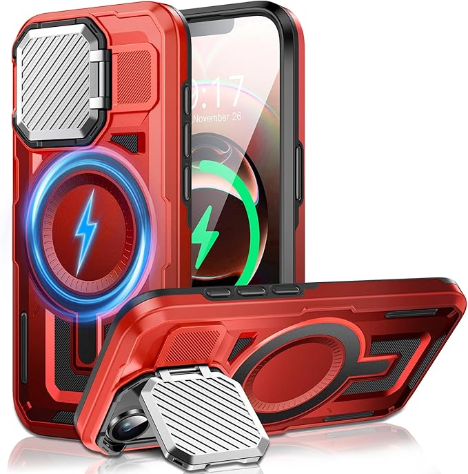 Camera Stand Case for iPhone 16E, [Compatible with Mag Safe] [Lens Cover] 2024 Version Military Grade Protective Soft Case for iPhone 16E 6.3 inch Men Women, Red