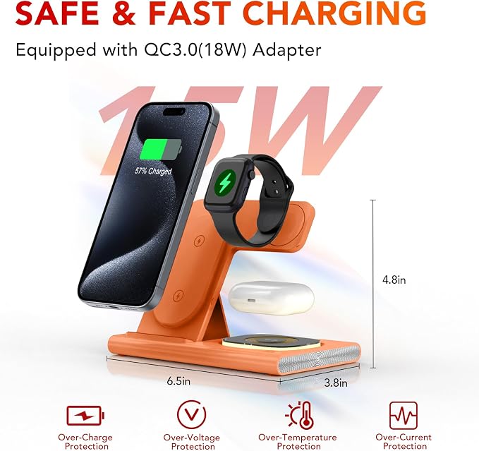 3 in 1 Foldable Wireless Fast Charging Station for Apple Multiple Devices | iPhone Charging Station for iPhone 17 Travel iWatch Charger Stand Light Nightstand Charging Dock for Apple Watch/Airpods