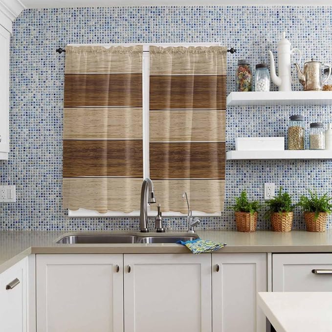 Retro Country Brown Wooden Board Window Valance Curtains, Farmhouse Gradient