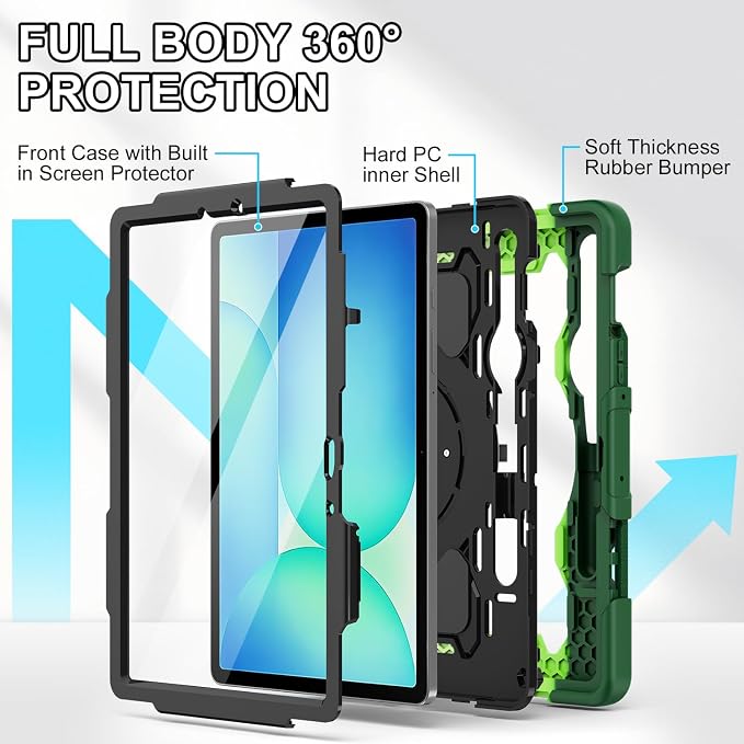 Galaxy Tab S10 Lite/S10 FE/S9 FE 5G/S9 Case 10.9/11 inch | with Screen Protector 360° Rotating Kickstand Hand/Shoulder Strap Heavy Duty Shockproof Cover S Pen Holder Kids Friendly