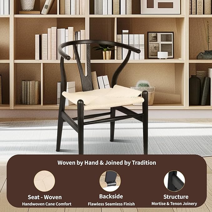 Tomile Solid Wood Wishbone Chair Y Chair Mid-Century Armrest Dining Chair, Hemp Seat (Ash-Black Frame + Natural Cord)