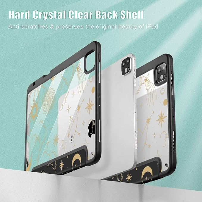 Tuiklol for iPad Pro 11 Inch 4th / 3rd / 2nd / 1st Gen (2022 2021 2020 2018) Case -Built-in Pencil Holder Shockproof Cover Clear Transparent Back Shell with Auto Wake/Sleep Black Flower