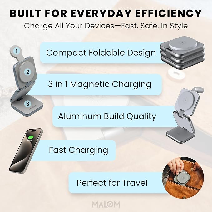 MALOM S21 Aluminum 3 in 1 Magnetic Fordable Wireless Charger for iPhone 17/16/15/14/13/12/Pro/Pro Max Apple Watch 1-9/ultra 1-2 AirPod 2/3/Pro/Max [Include Type A-C Cable &amp 20W Adapter &amp Case