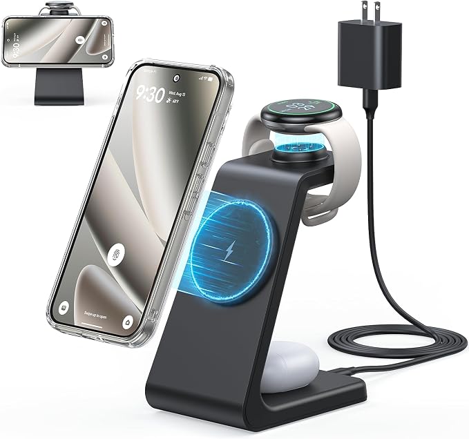 3 in 1 Magnetic Wireless Charger for Google Watch Charger Stand for Pixel Watch 3/2 Charger Stand Design for MagSafe for Pixel 10 Pro Fold/XL/10/9/8/7/6 Pro &amp Buds with Adapter(Not for Watch 4/1