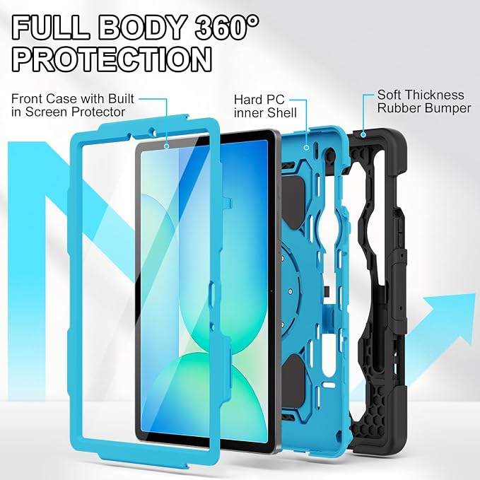 Galaxy Tab S10 Lite/S10 FE/S9 FE 5G/S9 Case 10.9/11 inch | with Screen Protector 360° Rotating Kickstand Hand/Shoulder Strap Heavy Duty Shockproof Cover S Pen Holder Kids Friendly