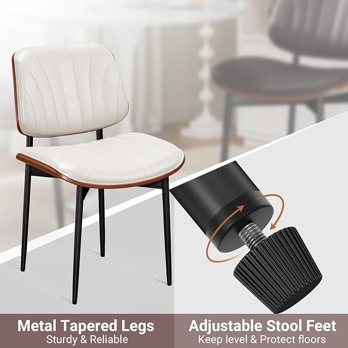 Dining Chairs Set of 2, Mid-Century Modern Upholstered PU Leather Chairs with Walnut Bentwood Back and Metal Legs Adjustable Feet for Kitchen Dining Room, Off-White Shell Strips