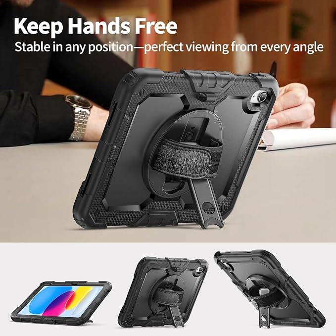 Ambison Case for iPad (A16) 11th/10th Generation 11''/10.9'' Black | Hand Strap 9H Tempered Glass Screen Protector Rotating Stand Shoulder Strap Heavy Duty Shockproof Pencil Holder