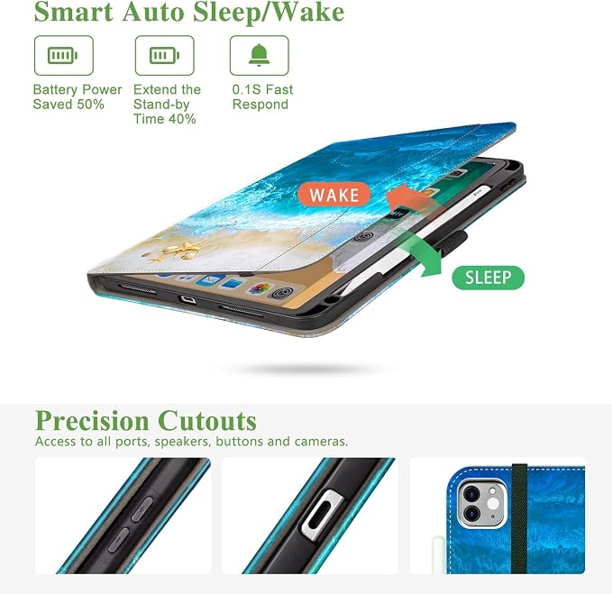 Vimorco for iPad Pro 11-inch Case M5/M4 2025/2024 for iPad Pro Case 11 Inch M5/M4 Pencil Holder/Hand Strap/Pocket/Screen Protection Band 3 Adjustable Angles Auto Sleep/Wake Beach Blue Ocean