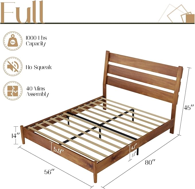 VanAcc Solid Wood Full Bed Frame, Platform Bed with Reclining Slatted Headboard, Mid Century Bed Frame with Wood Slat Support, Light Brown