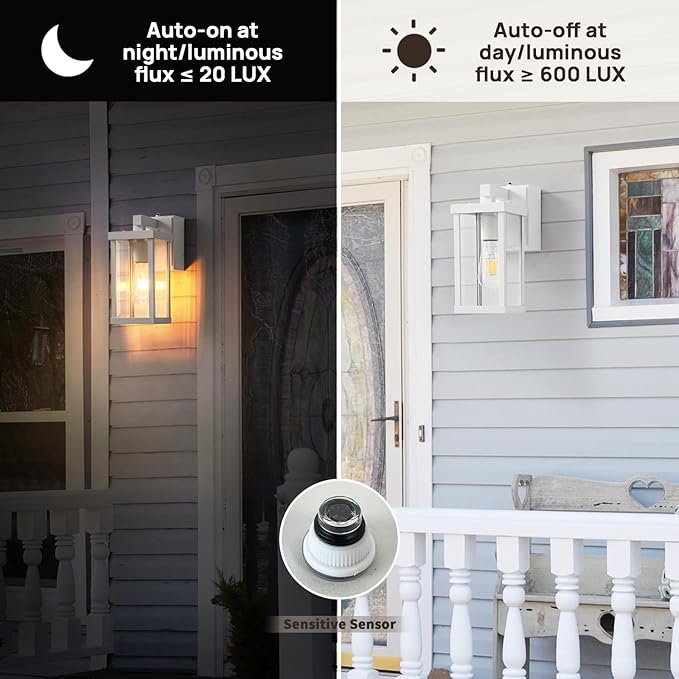 JOKAONOTL Dusk to Dawn Porch Lights with GFCI Outlets Waterproof Outdoor Wall Lights Exterior Lighting Fixtures Modern Outside Lights Wall Mount for House Patio Garage,White,11.8''H,1PC