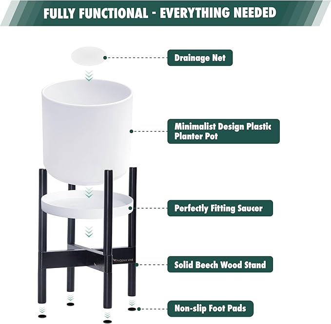D'vine Dev Planter Pot with Stand - 14 Inch Plastic Cylinder Flower Pot with Wood Planter Holder for Indoor, Matte White Pot + Ebony Stand, 55-C-T-1