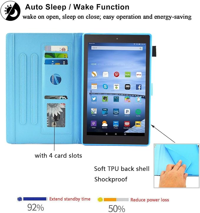 Kindle Fire HD 8 Tablet Case (8th/7th/6th Generation)Smart Stand Synthetic Leather Cover with Auto Wake/Sleep [Card &amp Pencil Holder] for 8 Amazon Fire HD 8 (2018/2017/2016) Blue Sea Beach
