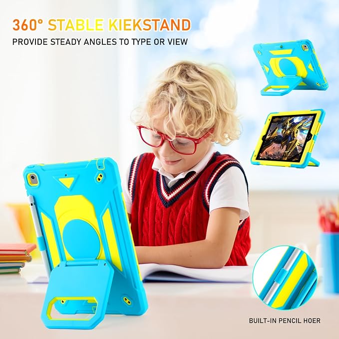 for iPad 9th/8th/7th Generation Case iPad 10.2 Case 2021/2020/2019 Rugged Heavy Duty Shockproof Protective Kids Case with Screen Protector/360° Rotating Folding Stand/Pencil Holder/Shoulder Strap